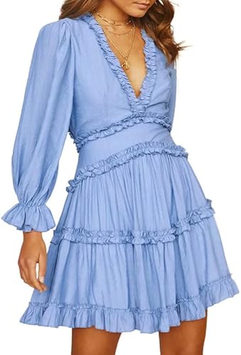 Dokotoo Womens Cute Spring Sexy Deep V Neck Ruffle Chiffon Lantern Long Sleeve Elegant Boho Bohemian Hawaiian Flowy Mini Short Skirt Dresses for Women Party Casual Spring 2023 Sky Blue Large