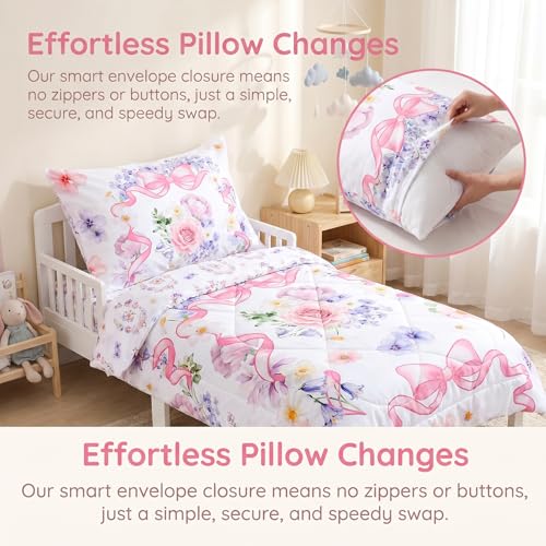 Image of Pea Pod Floral Toddler Bedding Set for Girls, 4 Piece Bed-in-a-Bag Toddler Comforter Sets Cute Bowknot Princess Crib Bed Set | Include Quilt Comforter, Flat Sheet, Fitted Sheet, Pillowcase, Super Soft