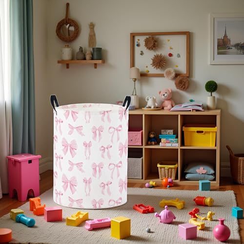Image of Baby Laundry Basket Baby Nursery Hamper Kids Laundry Basket Toy Storage Bin for Boys Room Decor Gift Baskets for Bedroom Bathroom(Pink Bowknot)