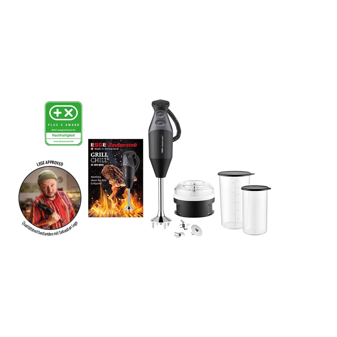 ESGE Zauberstab 98215 M 200 BBQ schwarz, Stabmixer, Pürierstab, 2 Stufen bis 17.000 U/Min, ergonomischer Griff, langlebiger, robuster Motor, inkl. Zubehör, 200W, Made in Switzerland