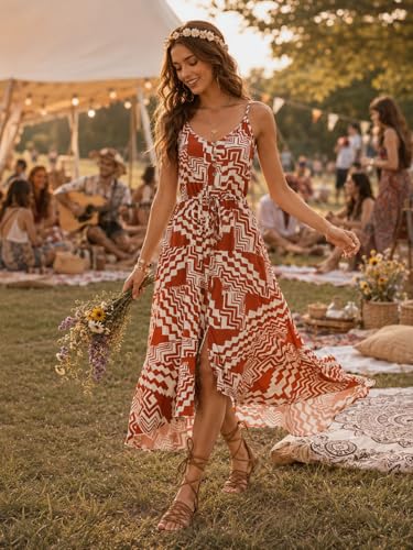 Image of BROVAVE Women's 2026 Summer Casual Boho Sundress Spaghetti Strap Midi Dress