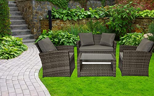 EVRE 4 Seater Rattan Garden Conservatory Patio Furniture Sofa Armchair Roma Set with Glass Top Coffee Table Wicker Weave Sofa and Cushions (Grey) - Image 2