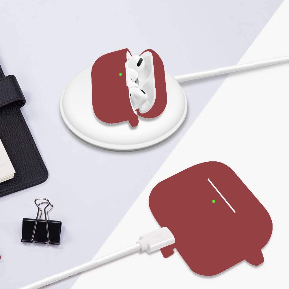 Protective Case Cover for Airpods Pro Charging Case, Upgraded Air Pods Silicone Case Skin Newest with Soft Cute Ball Pom Pom Keychain Kit (A, Wine Red)