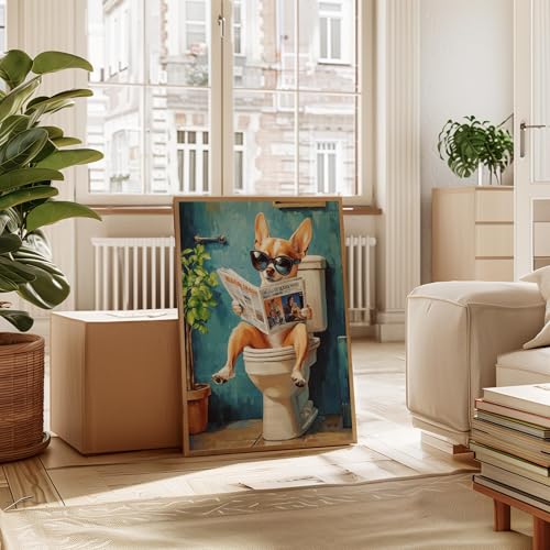 Image of Chihuahua on Toilet Wood Framed Wall Art Print Poster, Dog Bathroom Humor Decor Posters Prints for Restroom Home Picture Painting Artwork Gallery 7 (Chihuahua, 10 inchL x 8 inchW Wood Frame)
