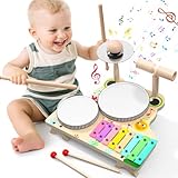 Skirfy Musikinstrumente für Kinder, Holzspielzeug Schlagzeug Set mit Trommelstöcken & Xylophon, Lernspielzeug für Jungen & Mädchen ab 3 4 5 Jahren, Montessori Sensorik Spielzeug-Early Learning Toy