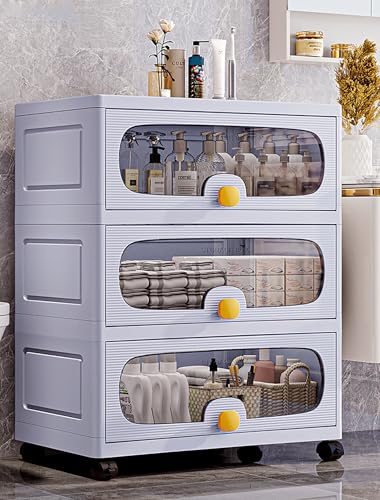 Image of House of Quirk 4-Layer Stackable Collapsible Storage Box Cabinet with Wheels & Flip Doors - 50cm Plastic Storage Box for Home, Kitchen, Closet & Toy Organization (Grey)