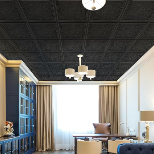 Image of STICKGOO Drop Ceiling Tiles 24x24 Inch, Glue Up Ceiling Panels, Pack of 12 | PVC Waterproof, Easy Installation, Ceiling Covering for Home Office Decor, Cover 48 Sq. Ft (Popcorn Textured Black)