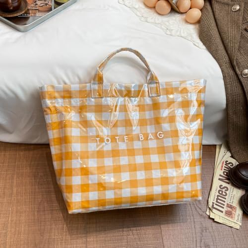 Image of Lushandy Striped PVC Tote Bag for Women, Waterproof Plastic Tote Bag for Beach Pool Large Top Handle Travel Hobo Handbag | Waterproof Material