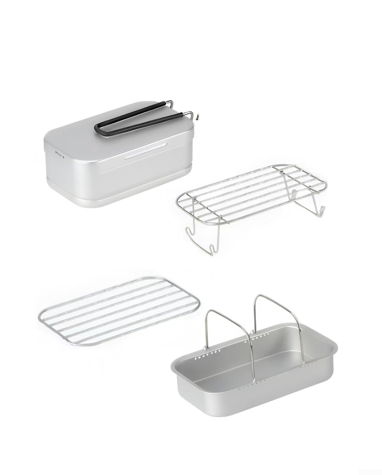 Lonchera de camping, 1 cantimplora portátil de aluminio con vaporizador e inserto de parrilla, mango plegable ligero, multicocina, lonchera para senderismo, picnics y cocinas de camping (4 unidades