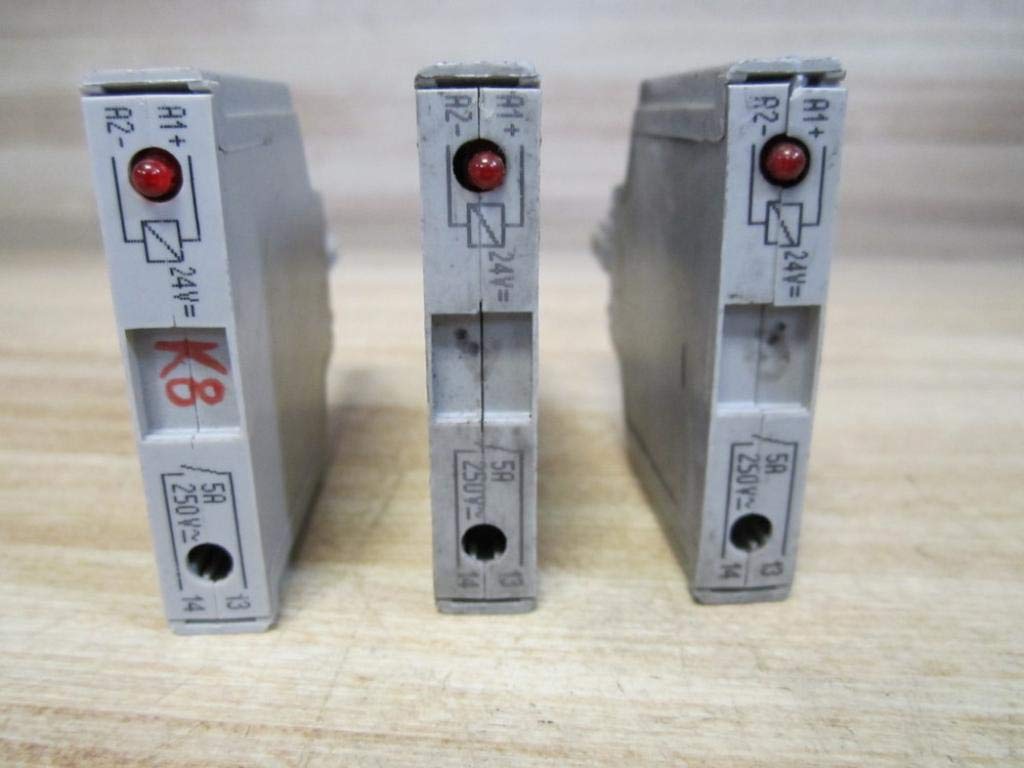 Side view of three WAGO 286-364 relay modules, showing the red indicator LED, input/output markings (R1+, R2-, 24V=, 5A, 250V=, 13, 14), and a 'K8' marking on one module.