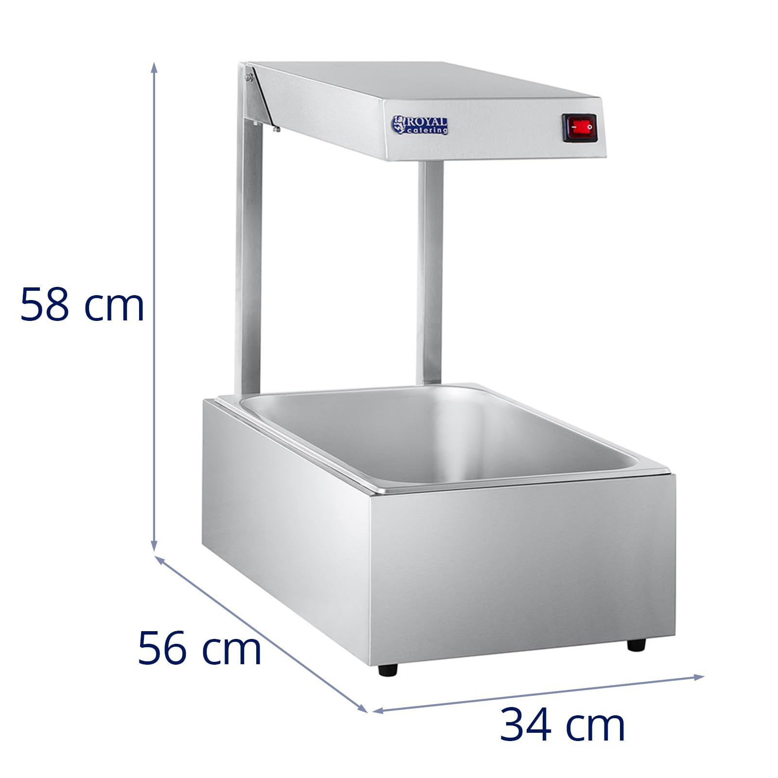 Royal Catering Calentador de comida RCWB-500 (500 W Lámpara halógena, temperatura máx. 80 °C, Capacidad 20 l, Acero inoxidable, Incl. Recipiente GN 1/1)