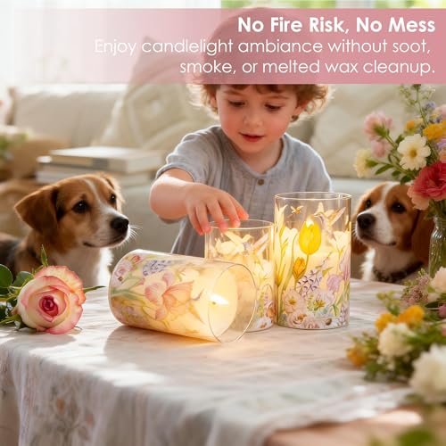Image of LUSHARBOR Flameless Candles with Remote, Battery Operated Glass Candles Hummingbird Flickering LED Electric Pillar Candles Real Wax Floral Christmas Decor Set of 3
