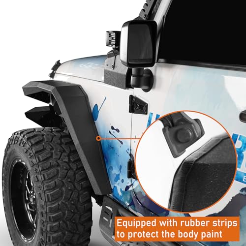 Image of Hooke Road JK 8.7 inch Wide Flat Front Fender Flares for 2007-2018 Jeep Wrangler JK & JKU Unlimited 2 or 4 Doors, Steel Fenders with Turn Signal Lights DRL - 2 PCS