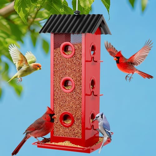 Shineforu All Metal Bird Feeder for Outdoors Hanging | 14-Port Multi-Bird Viewing | All Metal, Waterproof & Easy-Clean | Attracts Cardinals, Finches, Chickadees & More (Elegant Red & Black)