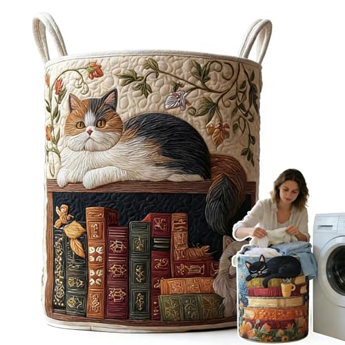 Image of Cat Quilted Laundry Basket - 18 inch /22 inch /28 inch, 2026 Large Quilted Cat Laundry Basket with Handles, Cozy Cat Fabric Storage Hamper for Nursery, Bedroom, Laundry Room, Clothes & Toys (3, S 14 inchX18 inch)