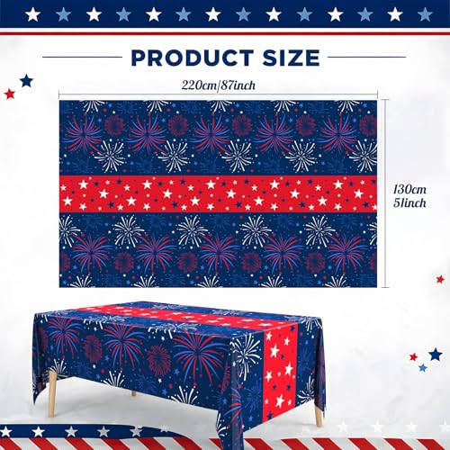 Image of Newwiee 6 Pcs 4th of July Patriotic Tablecloth Disposable American Flag Table Cloth Plastic Red White Blue Independence Day Rectangle Table Cover 250th Decoration(Fireworks,51x87)