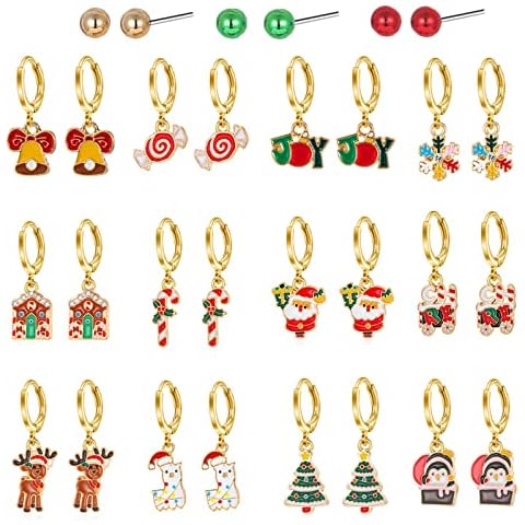 15 Pairs Hypoallergenic Christmas Earrings for Girls Dangle Drop Hoop Earrings Set Christmas Earrings for Women Teen Girls Holiday Earrings Bulk Christmas Jewelry, Brass, crystal Cover