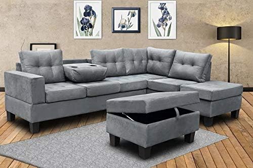 Bilzen 3 Pieces Sectional Sofa with Storage Ottoman in Grey Thick Microfiber