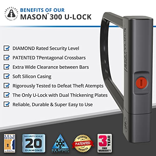 Seatylock Mason Bike U Lock - Patented Heavy Duty Anti Theft Diamond Security Bicycle Lock - Super Wide Safety Master Tool Ulock With Keys For Electric Bikes Scooters And Motorcycles (11.8 Inch) #TOP1