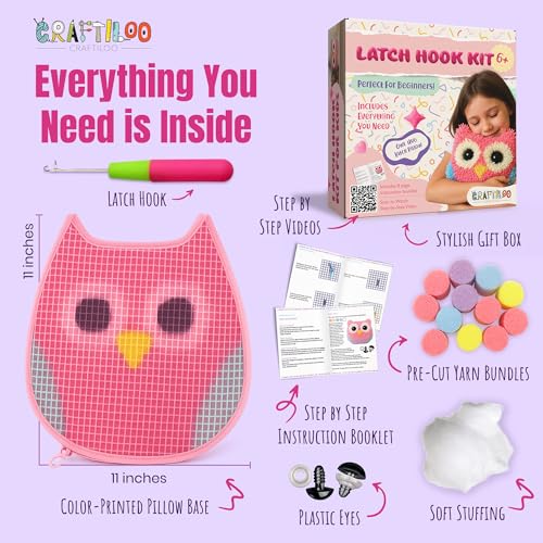 Image of Latch Hook Kit for Kids - Wise Owl Rug Pillow Craft, Ages 6+