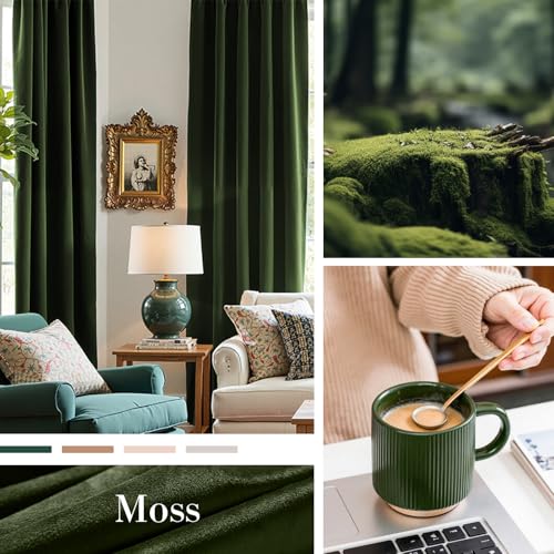 Image of Extra Long Moss Earthy Curtains Luxury Back Tab 52x108 Inch 2 Panels | Soft Velvet, Blackout, Lined, For Tall Windows & High Ceilings, Light Shifting Texture, Elegant Drape, Calm