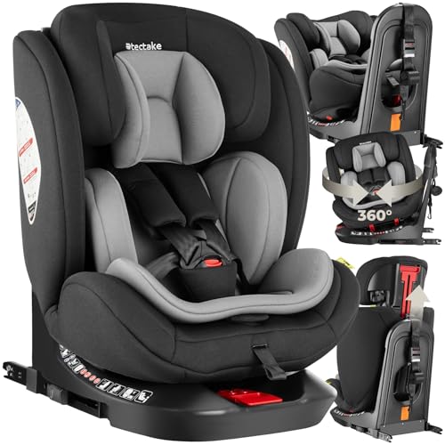 tectake® Silla de Coche Giratoria 360°, Uso Desde el Nacimiento Hasta 150 cm, Homologada i-Size con ISOFIX y Top Tether, Reposacabezas y Arnés Ajustables, Protección Lateral, Reductor Extraíble