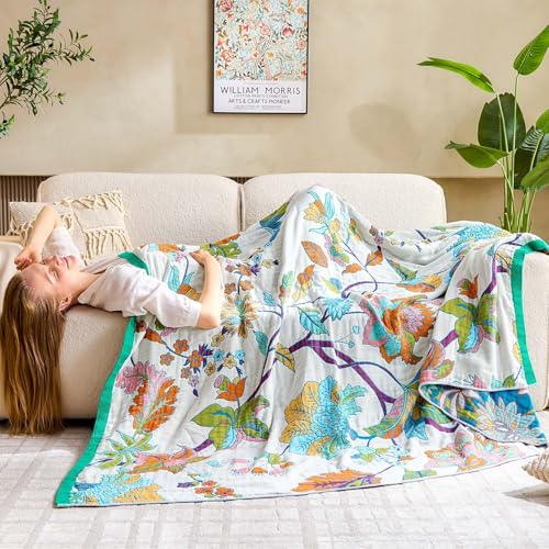 Image of XIBLC Summer Throw Blanket, 90 inchx98 inch Reversible Bohemian Flower Blanket, 100% Cotton Muslin Breathable Woven, Farmhouse Decorative Throw Blanket