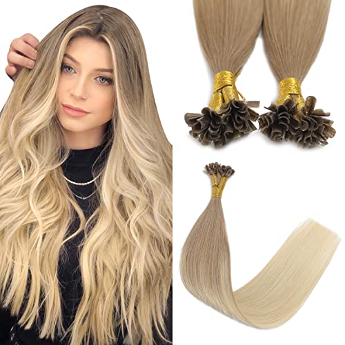 Sindra Extension Cheveux Naturel Keratine #860 Cendré Clair Brun S’estompant à Blond Platine 40CM 50 Mèche 40g Cheveux Naturel Humain (U860-40)