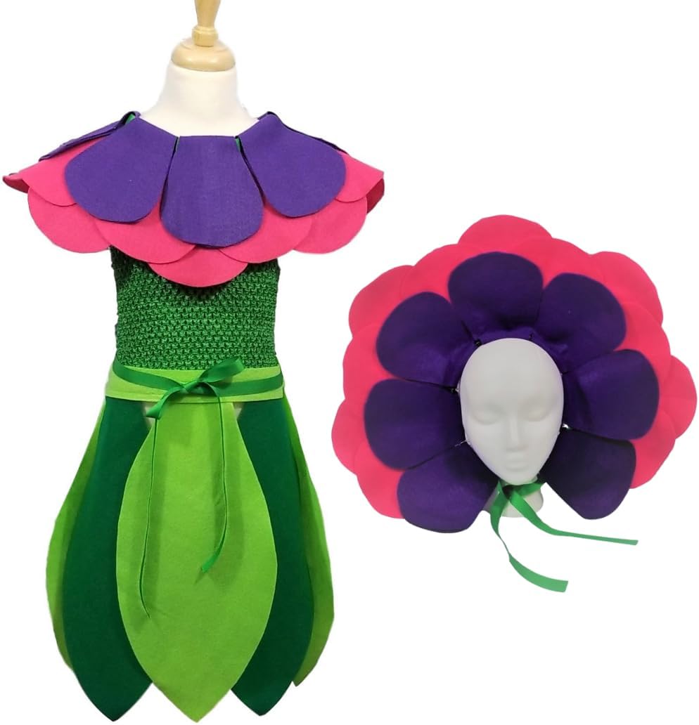 Kids Purple Petunia Flower Costume Set - Flower Headband, Lined Crochet Top & Leaf Skirt (Purple/Pink)