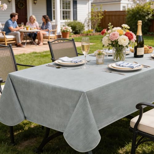 Image of Softalker Vinyl Tablecloth Rectangle, Outdoor 100% WaterProof Oil Proof Plastic Edge Binding Table Cloth, Heavy Duty Thick Wipeable PVC Table Covers for Picnic Dining Party - 54 x 120 Inch, Light Grey