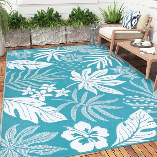 Pauwer Waterproof Outdoor Rug 5x8, Reversible Plastic Straw Patio Camping Rug, Indoor Outdoor RV Mat Carpet for Deck, Camper, Porch, Balcony, Backyard, Picnic, Floral Teal - Image 8