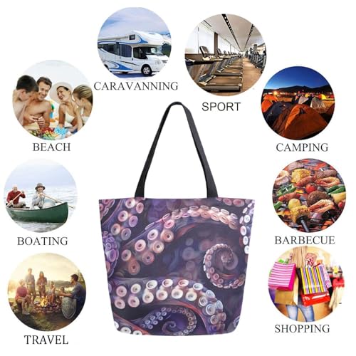 Chic Extra Large Shoulder Grocery Tote Bag, Lifelike Tentacle Of Octopus Purple Canvas Daily Handle Bag for Gym Yoga Weekender Beach Travel Picnic Kitchen Reusable Market Shopping2