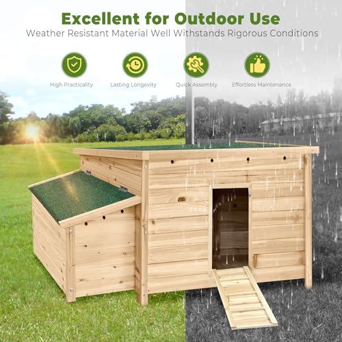 Unovivy Small Wooden Chicken Coop Hen House Poultry Cage with 2 Chicken Nesting Box & Ramp, Poultry Cage Rabbit Hutch for Outdoor Backyard, Natural Wood