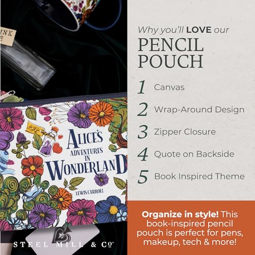 Image of Steel Mill & Co Canvas Pencil Pouch, Zipper Bag for Purse and Cosmetics, 9.75 inch x 6.5 inch Cute Pen Case for Book Lovers (Alice's Adventures in Wonderland)