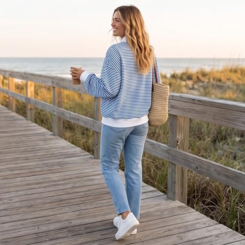 Mock Neck Sweatshirt for Women Striped Oversized Casual Pullover Tops - image 2