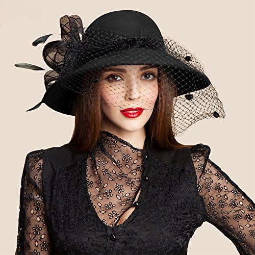 Black Womens Wool Felt Floral Veil Netting Feather Wide Brim Derby Hat A322 - Image 2