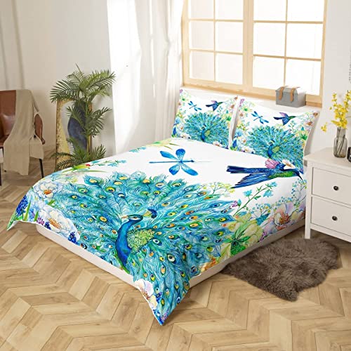 Peacock Duvet Cover Set Hummingbird Dragonfly Comforter Cover Flowers Birds Pattern Bedding Set For Girls Women Navy Blue Floral Animals Fresh Nature Quilt Cover With 2 Pillow Cases King Size - Image 2