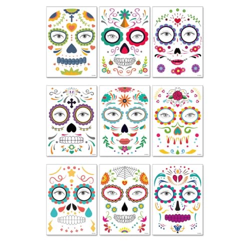 Yosugi Bunte Tattoos in verschiedenen Stilen – temporäre Tattoos für Frauen, für Party & Kostüm|Sicher, wasserfest, einfach anzuwenden, ideal für Halloween, Dia de los Muertos & Mottopartys(9 Stück)