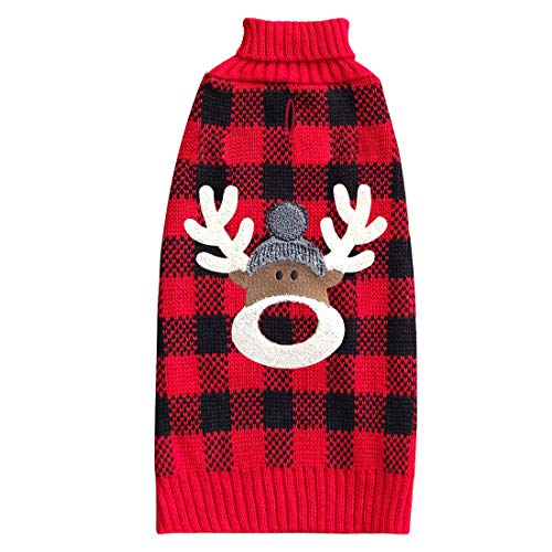 Kyeese Christmas Dog Sweater Reindeer With Leash Hole Dog Sweaters Red Buffalo Check Pet Sweater,L cover
