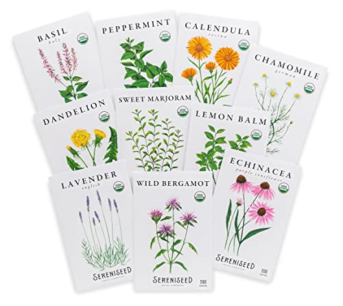 Sereniseed Certified Organic Herbal Tea Seed Collection (10-Pack) – 100% Non GMO, Open Pollinated – Grow Guide