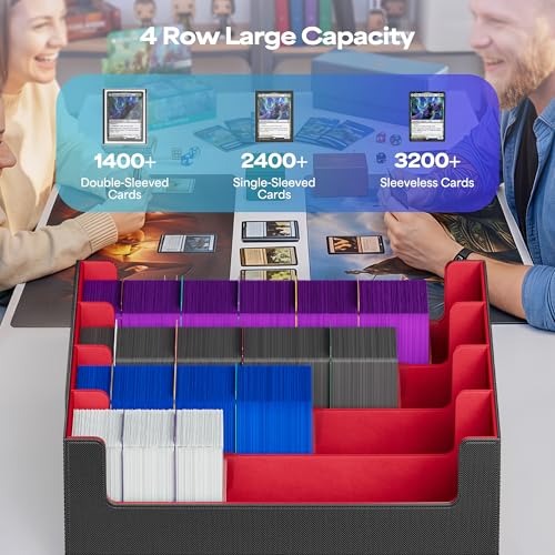 Image of UAONO Trading Card Storage Box, Holds 2400 Sleeved Cards with 24 Dividers & 4 Stoppers, Magnetic Closure PU Leather Card Case for MTG, PTCG, YGO, Sports Cards (Black&Red)