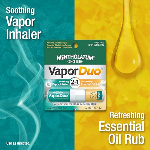 Mentholatum Vapor Duo, Non-Medicated Nasal Vapor Inhaler, Essential Oil Rub, 2-in-1 Aromatherapy Stick Soothes Irritated Nasal Passages Due to Colds & Seasonal Irritants, Natural Menthol & Eucalyptus - Image 3