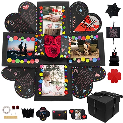 Hamiggaa Explosion Box Gifts Surprise Creative DIY Photo Exploding Love Box Love Memory Photo Box with 4 Faces for Anniversary Birthday Valentines Day and Wedding(Black)