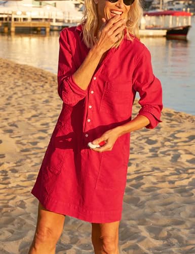 Zontroldy Women's Summer Collared Long Rolled Up Sleeve Button Down Cotton Shirt Dress Safari Dresses with Pockets(1538-Red-M)2