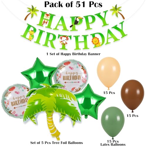 Image of Jungle Theme Birthday Decoration Kit for Kids Party, Pack of 51 Jungle Safari Balloons Set with Happy Birthday Banner, Animal Balloons for Boys Girls Party Decor