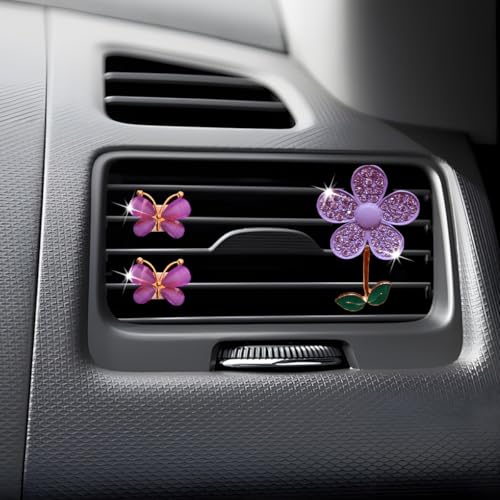Image of 3PCS Bling Car Air Vent Clips, Butterfly Flower Rhinestone Vehicle Conditioning Outlet Clamps, Diamond Vent Clip Charm Decoration for Women Girls, Universal Automotive Accessories (Purple)