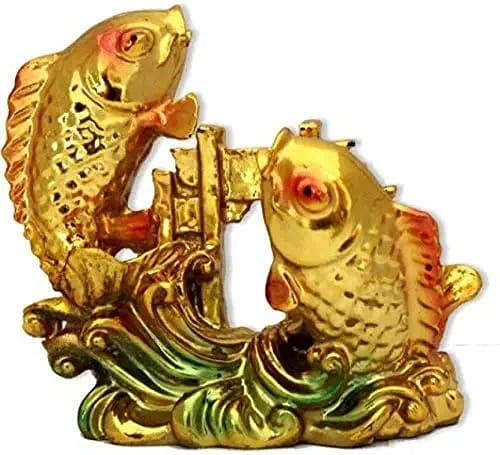 Saanwara Creations Feng Shui Double Good Luck Fish Statue Made of Solid Resin Golden Multicolour for Home Decor (Height 8 CM)