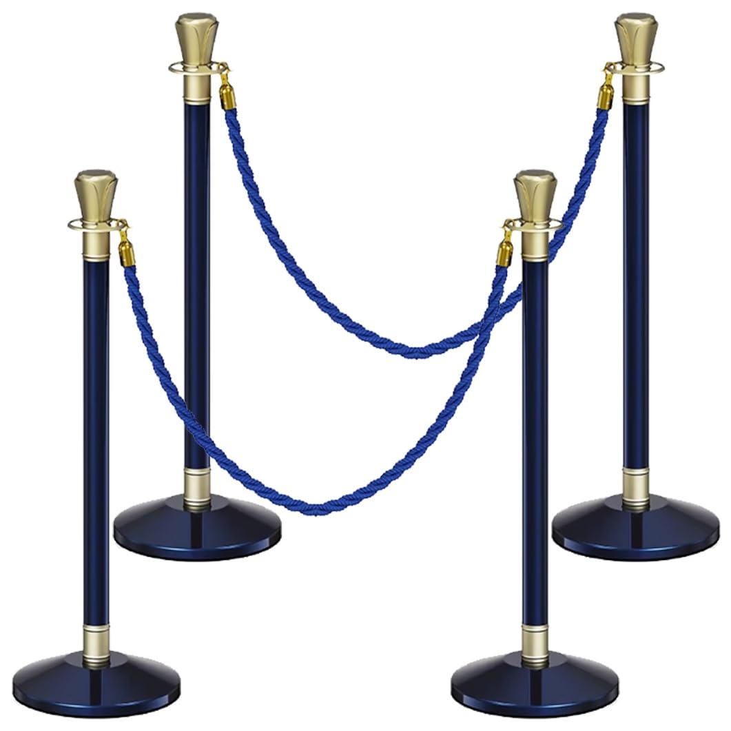 Aioneer Stainless Steel Stanchion Post Set 39.3" Crowd Control Barriers With 4.9Ft Ropes Durable Queue Poles For Events Commercial Grade Stanchions-Blue-4 Pack