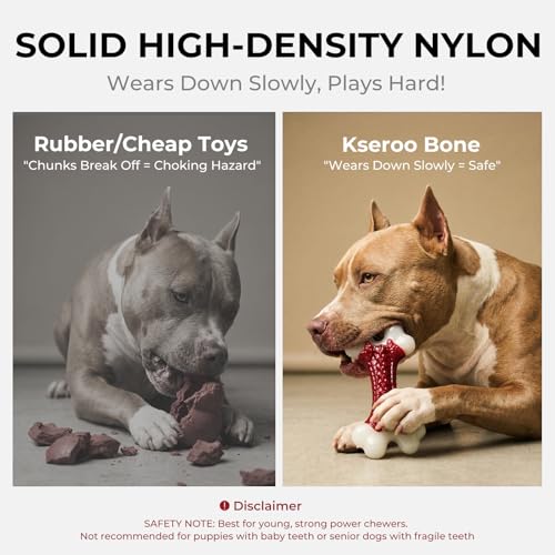 Kseroo Indestructible Dog Toys for Aggressive Chewers: Beef Flavored Hard Nylon Bone Chew Toys for Medium Large Breed Dogs (20-90 lbs), Red