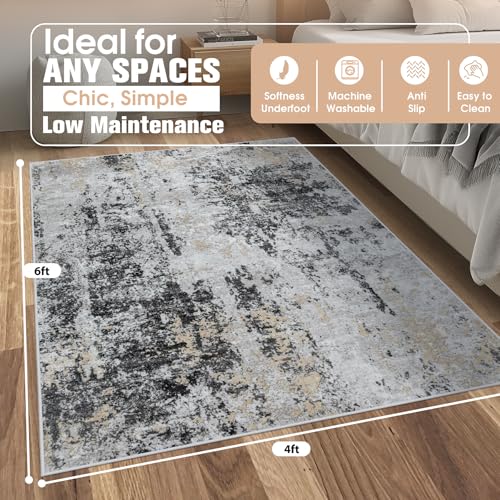 4x6 Area Rugs for Living Room Rug Washable: Abstract Rug for Dining Room Bedroom Carpet Non Slip 4 by 6 Indoor Modern Nursery Home Office Black Grey Gold
